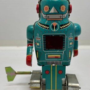 Miniature Tin Mechanical Mighty Robot Noguchi Great cond. Works - see his video!